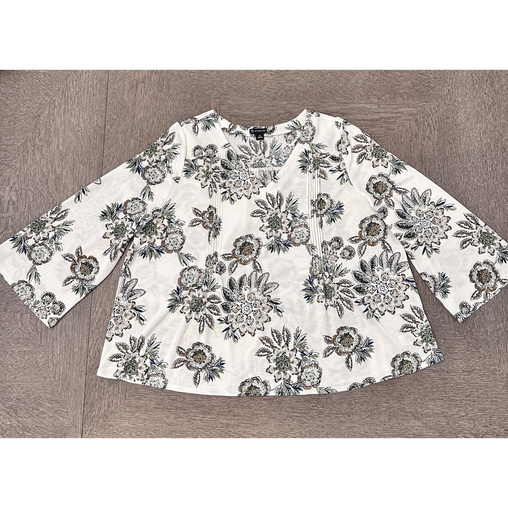 New Directions XL Floral V-Neck Pintuck Blouse Boho Cottagecore Stretch Top - Picture 5 of 10